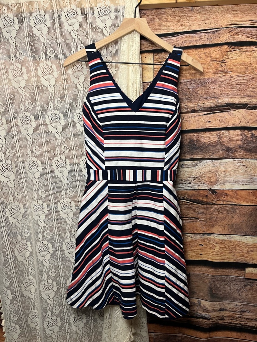 Adelyn Rae Striped V-Neck Fit & Flare Dress in Navy, White & Coral - Picture 4 of 9